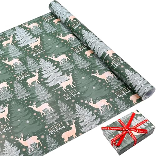 Christmas Wrapping Paper Roll - Green Gift Wrapping With Elk and Tree Print, 43cm x 10M, Recyclable for Birthday, Party Decoration