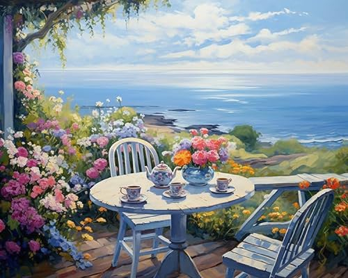 ZMHZMY Kit per dipingere con i numeri, per adulti, principianti, natura morta, giardino, tavolo da tè, set da tè, opere d'arte per pittura a olio digitale, colori e dettagli vivaci, 40 x 50 cm, senza