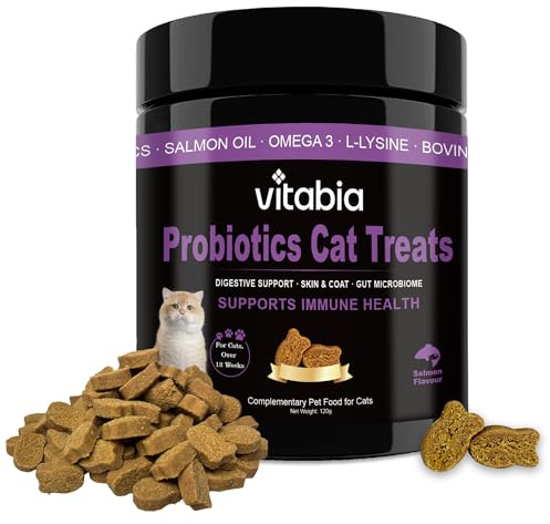 Probiotics for Cats with Lysine, Omega 3 Fish Oil & Vitamins | Cat Treats for Itchy Skin, Allergies and Flea Treatment | Digestive Health & Immune Support | Cat Food Supplements (80 Count)