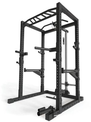 ATLETICA R7-Cage Power Rack | Storlek: 220cm | Power Rack med Latsdrag- och Roddstation, Multi-Grepp Pull-Up Bar, Dip-Station, Spotter-Armar, 4 J-Krokar och Landmine