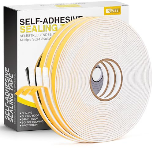 Inwee Guarnizione Finestra Autoadesiva, 3 Rotoli 6x1.5mm Guarnizione in Schiuma per Porte e Finestre, Resistente alle Intemperie, Anti-Collisione, Isolamento Acustico, Lunghezza Totale 20M, Bianco