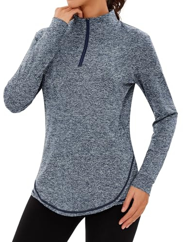 Terecey Haut Running Femme Manches Longues Col Zippé Séchage Rapide | Ouverture Réglable, Tissu Souple et Extensible, Coupe Athlétique, Aisance pour Fitness Marche et Sorties Fraîches