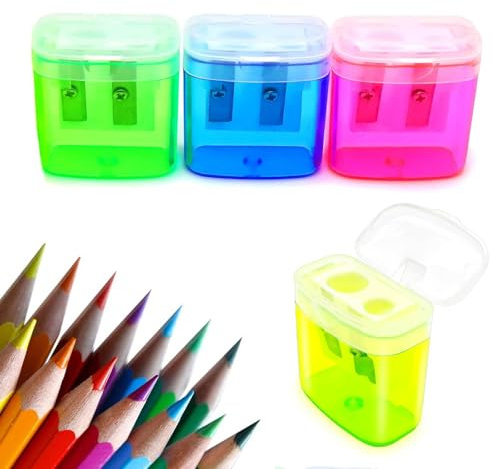 MtnLaur Taille Crayon 4 Pcs, Coloré Taille-Crayon Manuel Double Trou avec Couvercle, pour Enfants Étudiants Adultes, Taille Crayons Portable pour École Bureau Maison Atelier et Extérieur