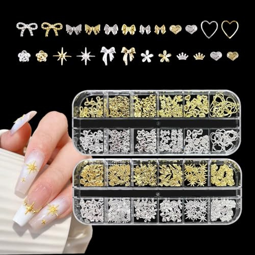 REMMUSSS Naglar Charm Set 2 Lådor 24 Rutnät, 3D Nagelkonst Berlocker, Guld-Silver-Nagelberlocker, 3D metalliska med Rosett, Ros, Hjärtan, Stjärna, Punk Nit Manikyrpärlor, Nageldekorationer för Kvinnor