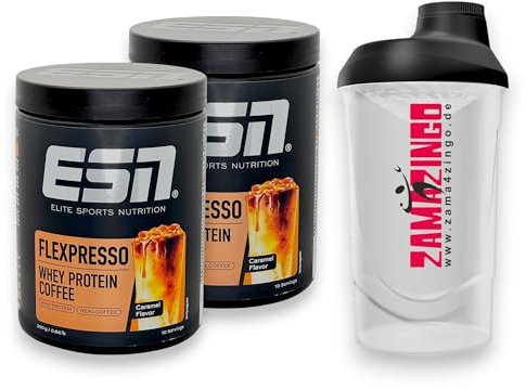 ESN Flexpresso Whey Protein Kaffee mit Caramel Flavour 300g (2er Pack) + Gratis Zama4zingo Shaker 600ml