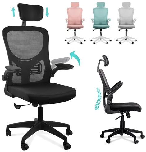 Silla Escritorio Ergonómica - Silla Oficina Ajustable y Reclinable con Soporte Lumbar, Reposacabezas Ajustable, Reposabrazos Plegables, Malla Transpirable, Ruedas Giratorias 360°, Soporta 120 kg