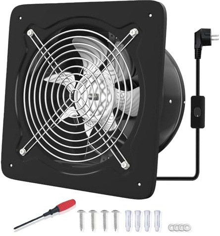 FanGoFast 250mm Abluftventilator 1680m³/h Badlüfter Leiser mit Rücklaufklappe Leistungsstarke Wandventilator mit EU-Stecker für Küche Badezimmer Garage Untergeschoss (Schwarz, Abluftventilator 250mm)