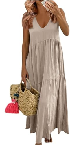 AMDOLE Summer Dresses for Women UK Causal Women's Summer Maxi Dresses V Neck Long Maxi Sundress Sleeveless Vacation Dress with Pockets Ladies Holidays Beach Clothes