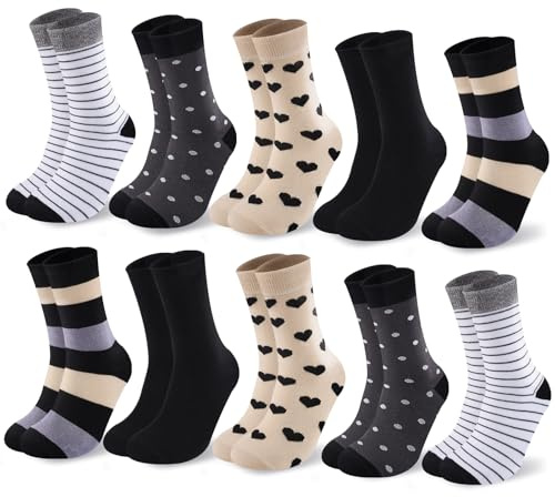 Cirorld 10 Pares Calcetines Mujer Coloridos Algodón 39-42, Medias Medianas, Deportivas Cómodas, Invernales Transpirables, Diseños Rayas & Lunares​