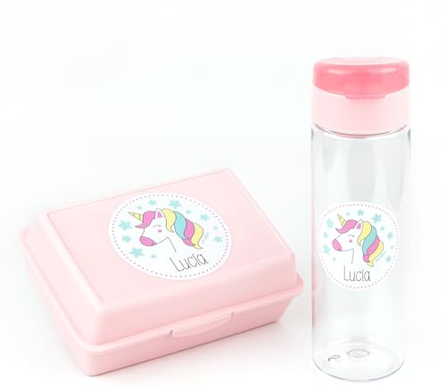 Mi Pipo - Pack Fiambrera Infantil Personalizada + Botella Agua Niños con Pajita 600ml - Unicornio | Resistente, Cómoda, Segura, Libre de BPA y con Nombre | Ideal Escuela, Excursiones y Viajes