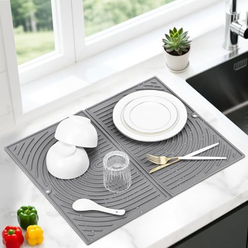 Alfombrilla Escurreplatos Silicona, Grande Alfombra Secaplatos para Cocina Fregadero, Bandeja Escurridor Plegable, Antideslizante, Secado Rápido, Resistente al Calor, 51×41cm (Gris)