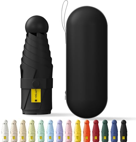 Betrynidil Taschenschirm, 6-Rippen Mini Regenschirm mit UV-Schutz & Kapselhülle, Winddichter & Kompakter Reiseschirm für Männer und Frauen (Schwarz)