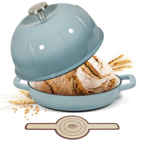 Davivy Forno olandese in ghisa smaltata per pane a lievitazione naturale, pentola olandese con coperchio a cupola, pentola per il pane in ghisa, con fionda per il pane, blu sale marino