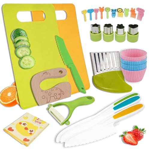 28 Pieces Montessori Kitchen Toys for Toddlers – Kids Knife Set for Chopping with Wooden Knives, Crinkle Cutter, Kids Chopping Board