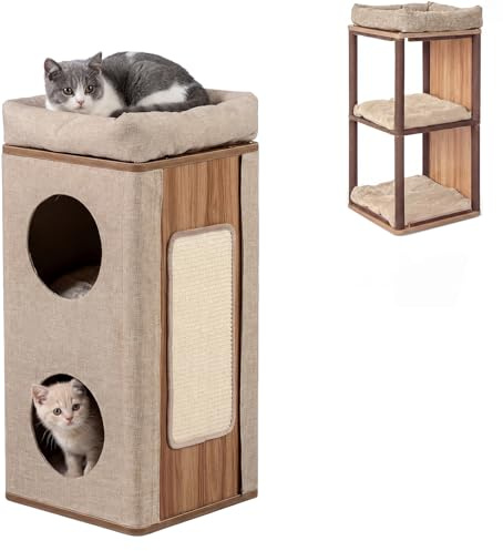 SOARS Tonneau à Gratter pour Chat 77,5 cm, Tour Arbre à Chat 3 Niveaux avec 2 Grottes, Griffoir en Sisal, Housse Amovible et Coussin, Niche Intérieure Stable Ø38, Beige et Naturel