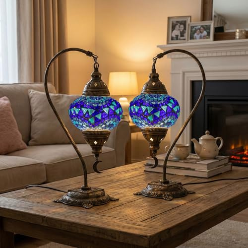 2X Turkish Moroccan Mosaic Table Lamp Swan Neck Stained Glass Bedside Light with 3 Color Options LED Bulb (Blue)