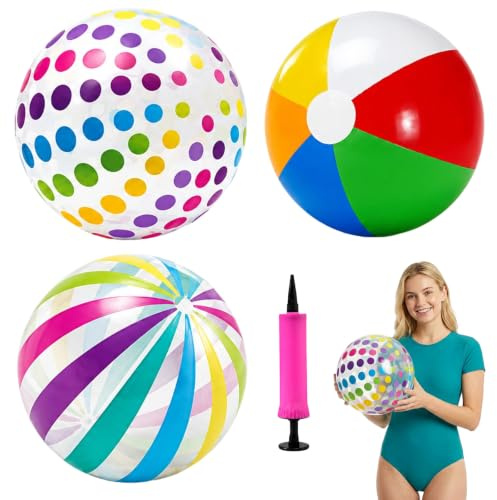 4 PCS Inflatable Beach Ball With Pump Set, 40cm Colourful Blow Up Pool Ball with Dot, Striped, Six-Color, Pool Party Games, Outdoor Activities and Family Fun