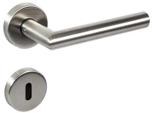 Gedotec Drückergarnitur Edelstahl matt gebürstet [BB - Buntbart] 1x Tür Beschläge Rund-Rosette I Türgriffe Innentüren L-FORM I Türklinke für Türstärke 35–47 mm | Türdrückergarnitur mit Schrauben