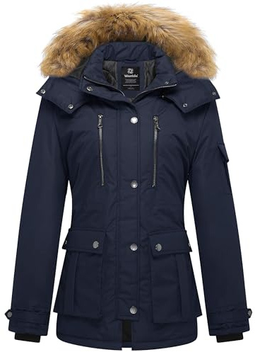 Wantdo Femme Duffle Coat Doublure Polaire Manteau Chaud en Coton Manteau à Capuche Détachable Veste Hiver Parka Militaire Slim Fit Bleu Marine XL