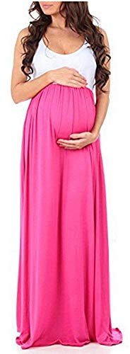 Huixin Damen Kleid Für Schwangere Lässig Maxi Volltonfarbe Elegante Umstandskleid Ärmelloses Rundhals High Waist Langes Kleid Schwangerschaftskleid (Color : Fuchsie, Size : M)