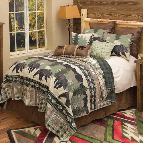 BLACK FOREST DECOR Black Bear Log Cabin Quilt Bed Set - Queen – Rustic 90 x 90 Quilt with Shams