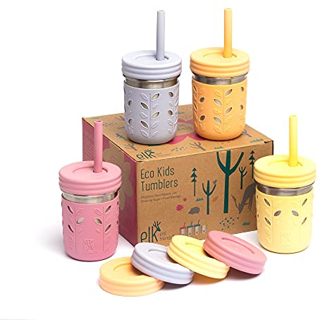 Elk and Friends 10oz Stainless Steel Kids + Toddler Drinking Cups | The Original Mason Jars with Lids + Sleeves + Straws | Smoothie Cups | Spill Resistant | Dishwasher Safe | 4 Pack