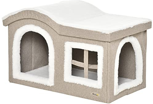 PawHut Casa Plegable para Gatos Interior Cueva para Gatos Grande con Tapa Extraíble Cojines 2 Entradas y Ventana Taburete para Gatos 63,5x37x40 cm Beige