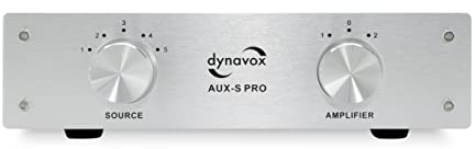 Dynavox AUX-S Pro, possibilité de Commuter Entre 5 entrées Sources stéréo (Platine CD, DVD, Radio etc...), 2 Sorties amplificateurs (stéréo, Surround), argenté