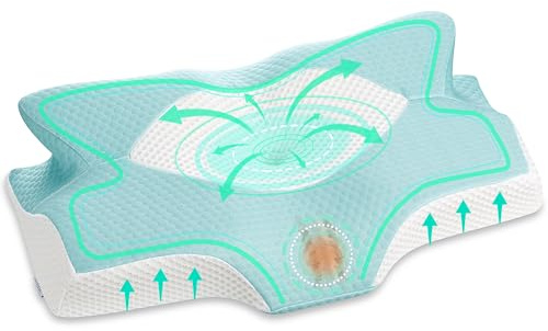 Elviros Cuscino in Memory Foam Ortopedico Cervicale per Dolore al Collo Cuscino Ergonomico per Dolore alla Spalla Cuscino di Sostegno del Collo, Blu Verde, 53.8 x 11/9 x 33 cm