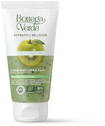 Bottega Verde - Estratti di Bellezza, Scrub e Maschera 2 in 1, 75 ml, con Succo di Mela Verde e Kiwi, Esfolia e Purifica, Per Pelli Miste o Grasse