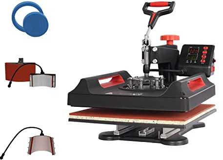 UKPRESS Heat Press Machine 5 in 1 29x38cm Sublimation Printing Swing Away 360 Degree for T Shirts Mug Hat Plate Cap Mouse Pads Dual Digital Control Multifunctional (Red)