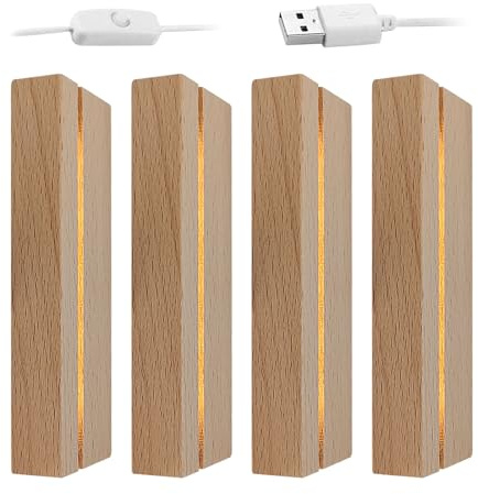 TALOEYH Base per esposizione di luci a LED, luce calda, rettangolare, in legno, piedistallo, espositore, per lastre acriliche da 3 mm, cristallo e resina (4 pezzi)
