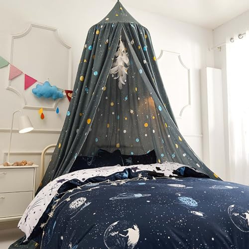 Odot Betthimmel Babybett, Bunte Sterne Betthimmel Mädchen und Jungen Himmelbett Vorhänge Kinder Baldachin Kinderzimmer Rund Hängende Princess Moskitonetz für Babyzimmer (65cm,Grauer Planet)