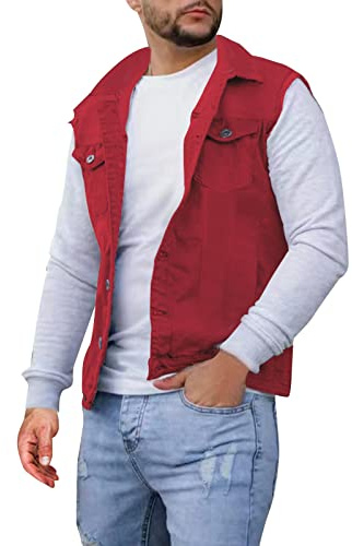 YOUYING Men's Denim Vest Slim Fit Vintage Distressed Sleeveless Jean Jacket Casual Buttton Down Western Waistcoat Outerwear, B# Red, Large
