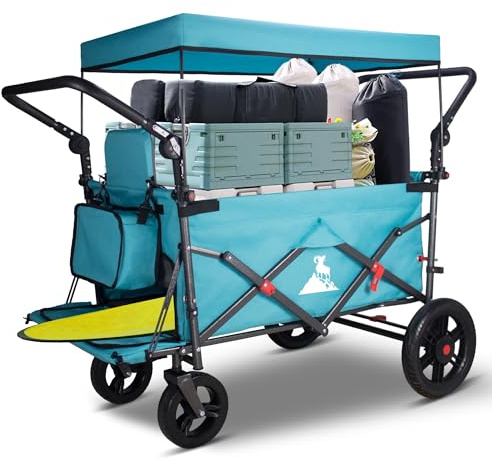 TOPWELL Bollerwagen faltbar, Handwagen mit Dach und Bremsen, Transportkarre Gerätewagen, klappbar, PU Vollreifen, bis 120 kg Tragkraft (Himmelblau/Grau)