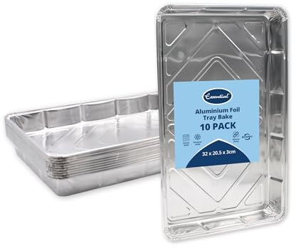 Essential Housewares 10 Aluminium Foil Trays - 32 x 20 x 3.3cm Heavy Duty Disposable Foil Roasting Tray Traybake Tin. Metal Food Trays for Oven Roasting, Catering & More.