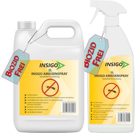 INSIGO Ameisen Abwehrspray 1L + 2L Kanister - Ameisenmittel mit mechanischer Wirkung auf Ameisen - Effektiver Schutz für Haus & Garten - Ameisen Spray mit Sofortwirkung