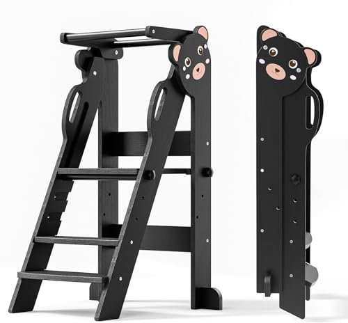 Helangel Foldable Learning Tower with 3 Level Adjustable Height,Mothers' Helper Montessori Learning Step Ladder,Kitchen Helper kids kitchen Step Stool for Kitchen Counter,18 Month-6Years (Black)