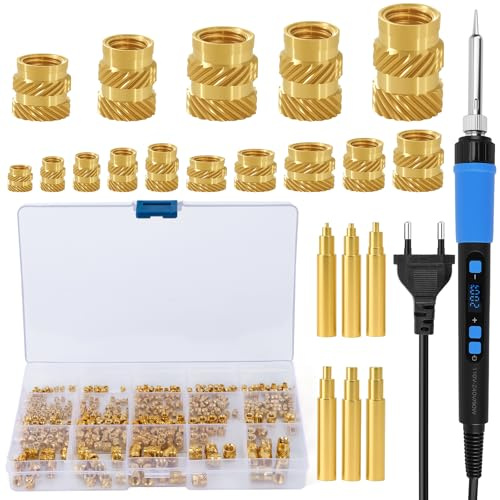 WOOWAIR Inserto Filettato, 257 Pezzi Saldatore Kit con 90W Saldatore Elettrico Temperatura Regolabile 180℃〜500℃, 250 pezzi Boccola Filettata in Ottone M2 M2.5 M3 M4 M5 M6, 6 Punte, per Stampa 3D