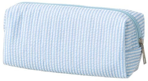 HFHungkeong Cute Pencil Case, Seersucker Pencil Bag Desktop Stationery Finishing Large Capacity Embroidery Striped Travel Storage Bag, Multifunctional Cosmetic Pouch(Light Blue)
