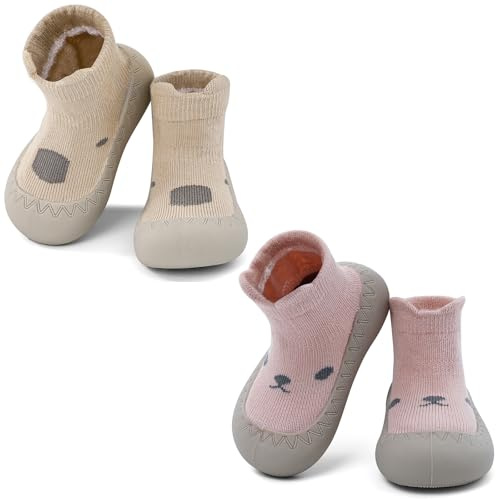 LACOFIA 2 Pares Zapatos Primeros Pasos Calzado Bebé Niñas Zapatillas Calcetines Antideslizantes Bebé con Suela de Goma Caqui+Rosa 12-18 Meses