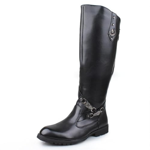 Genérico Hombre Punta Redonda Botas Altas Retro Cuero PU Botas Largas con Cremallera Lateral Tacón Bajo De Bloque Bota hasta La Rodilla con Hebilla,Negro,43 EU