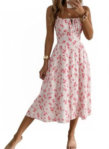 Cicy Bell Abito Estivo da Donna, con Motivo Floreale, Senza Maniche, con Spalline, Bianco, Rosa, S