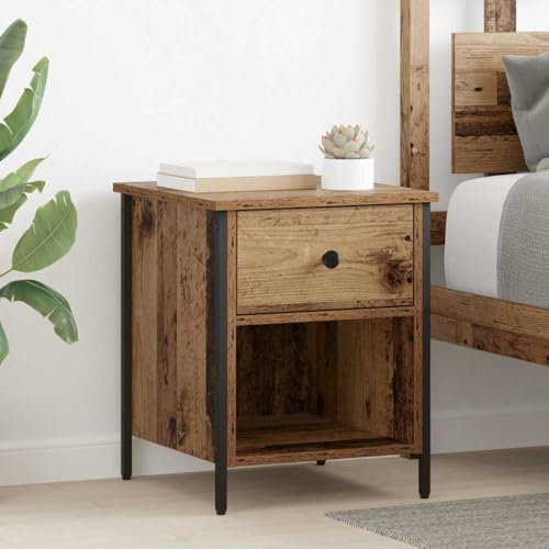 KTHLBRH Old Wood Bedside Cabinet 40 x 42 x 50 cm Engineered Wood with Iron Elements, 4 Drawers and Board Shelves for Bedroom Storage, Rustic Modern Nightstand with Sturdy Square