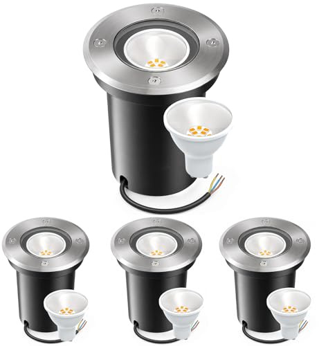 Bigzom 4er Set Bodenstrahler Außen IP67 Wasserdicht Bodeneinbaustrahler Aussen 230V mit LED GU10 3W Warmweiß (Wechselbar)-Rund Bodenleuchten Außen mit Transparentes Hartglas Befahrbar