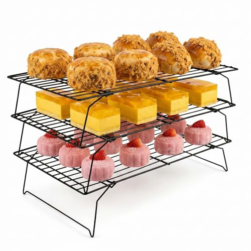 Dexpally Griglia di Raffreddamento 3 Livelli Gratella per Dolci 40x25x7.5 cm, Antiaderente Pieghevole, per Torte, Biscotti, Cupcake e Pizza, Accessorio da Forno per Cucina