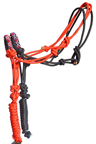 Nylon Horse Braided Rope Halter Beaded Noseband Lead Rope (Red B)