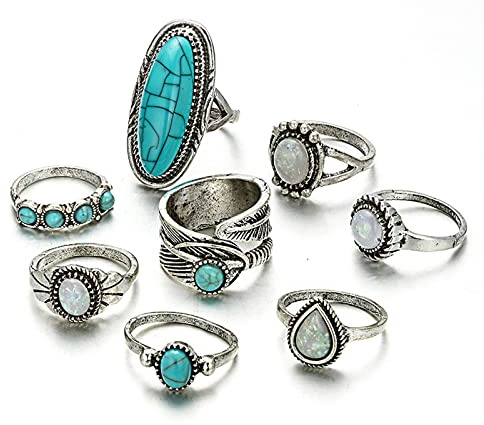 Colorful Gem Turquoise Opal Stackable Knuckle Ring Set for Women Vintage Bohemian Boho Jewelry-3