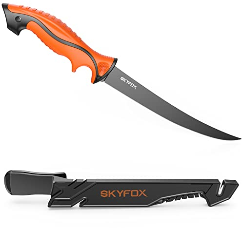 SkyFox Coltello Per Sfilettare Pesce Acciaio Inox con AFFILA, 20 cm Affilata Coltello Professionale Da Cucina, Coltello Sopravvivenza Multiuso, Impugnatura Ergonomica Coltello da Caccia