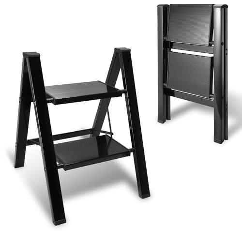 Eulenke 2 Marches Escabeau de Aluminium, Échelle Pliante Marche Pied Pliable, 2 Escabeau Pliable Léger, Échelle Pliante antidérapante, Convient pour la Maison, la Cuisine, Charge maximale 150kg, Noir